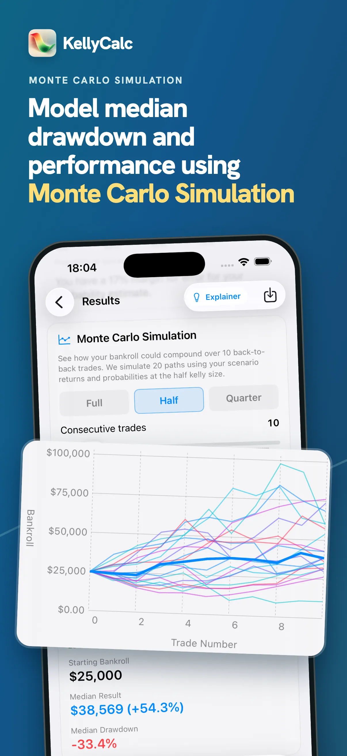 KellyCalc on iPhone: explore potential bankroll paths with Monte Carlo simulation