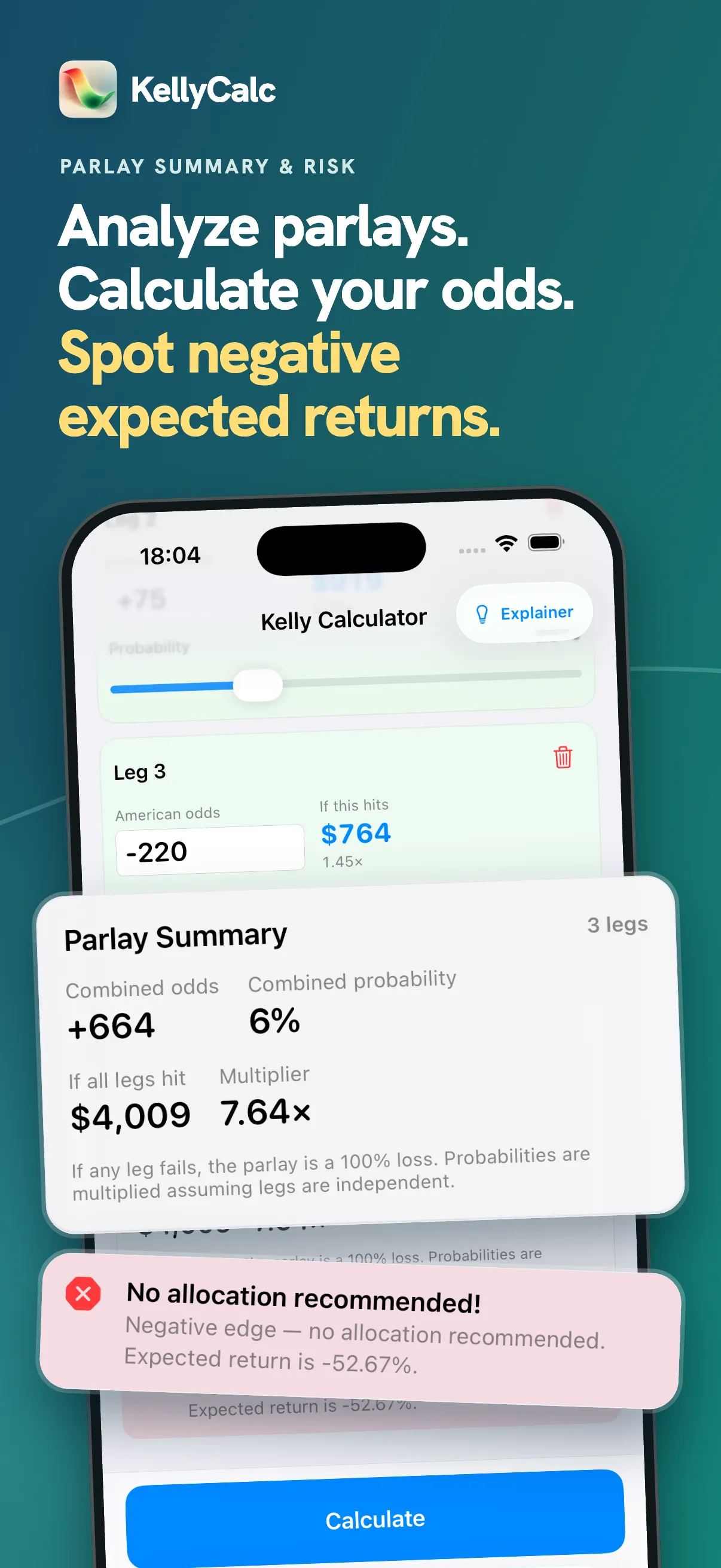KellyCalc on iPhone: review the risk of a parlay